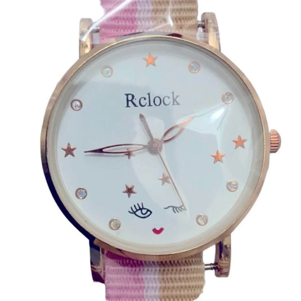 Watch Women’s Analog Round  Adjustable Preppy Stripe Canvas Band Pink Tan